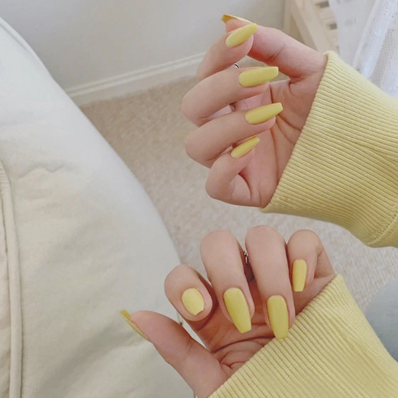 24pcs/box full cover fake press on nails matte yellow pure acrylic frosted ballerina acrylic for nails for women free shipping