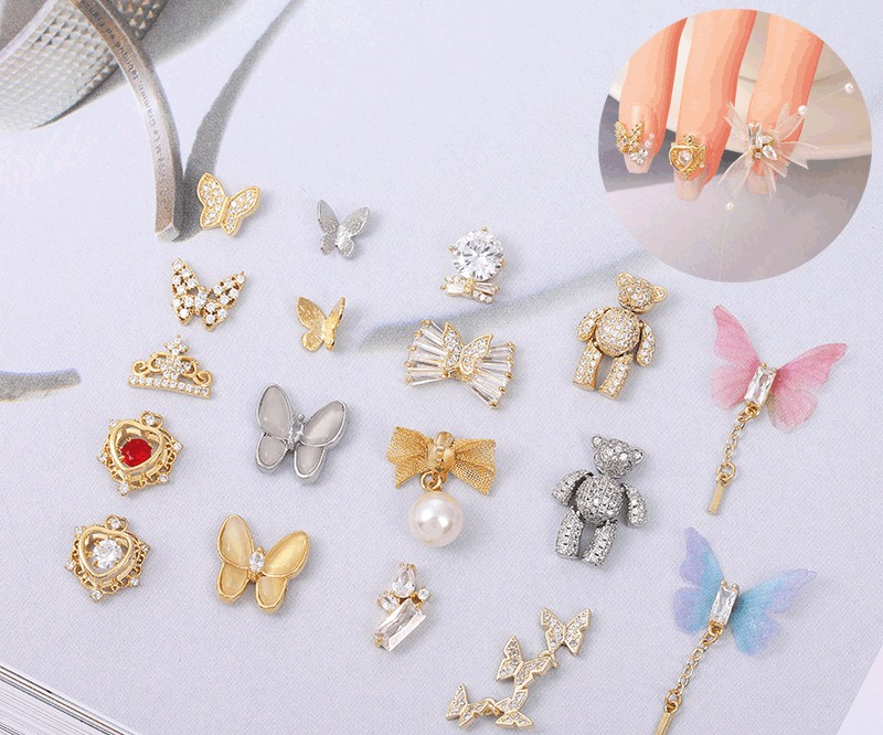 3pcs nail art jewelry 3d metal butterfly real gold zircon full diamond activity bear butterfly pendant nails