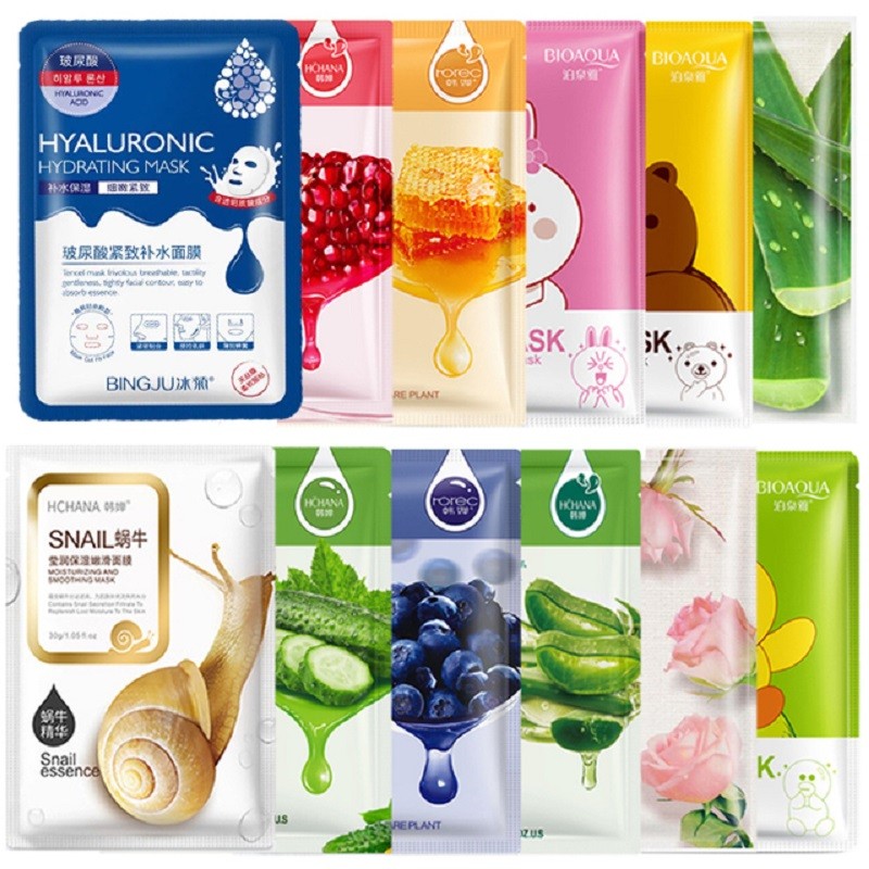 30pcs/lot BIOAQUA Skin Care Sheet Mask Aloe Olive Pomegranate Seaweed Boost Facial Mask Korean Face Care Green Tea Stick