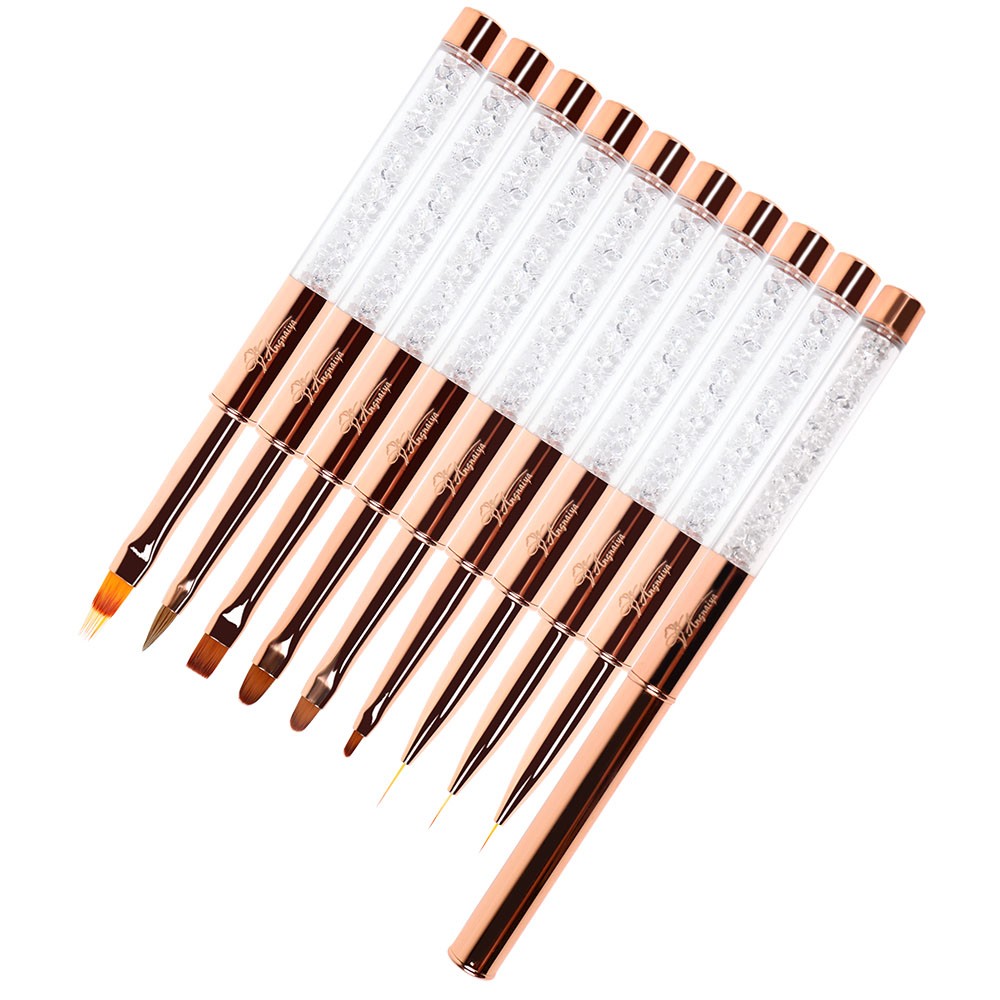 ANGNYA 9pcs/set Rose Gold Nail Art UV Gel Brush Set Pen Nail Art Builder Flat Crystal Painting Drawing Carving Pen Manicure Tool