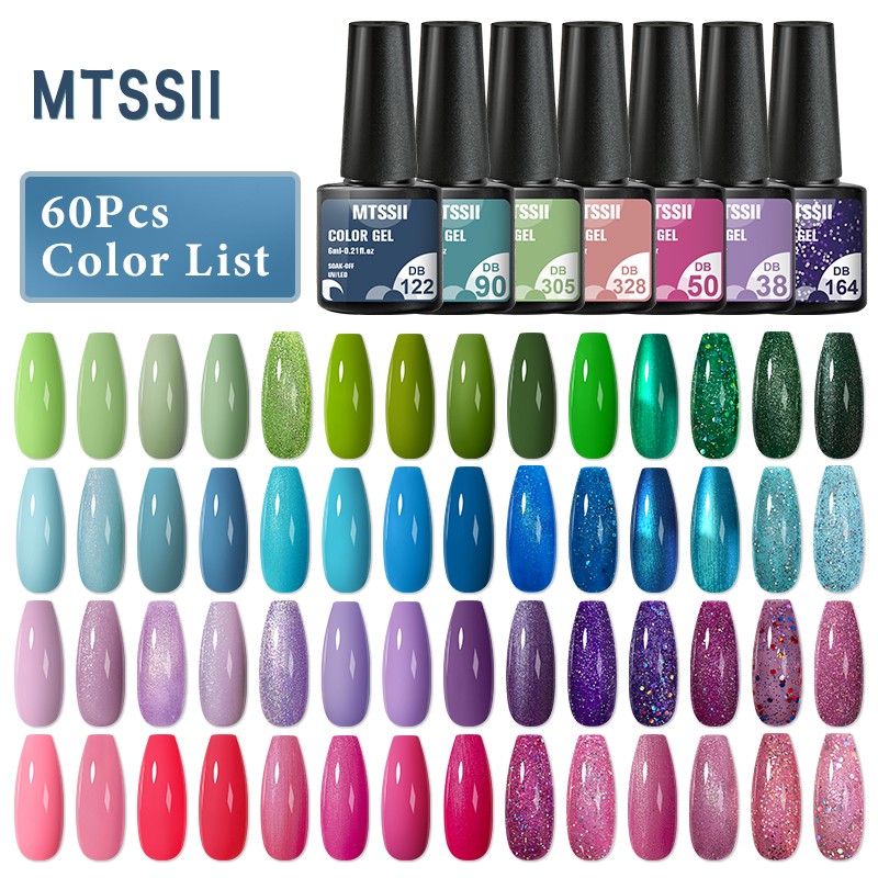 Mtssii 60pcs Color Gel Nail Polish Set Glitter Nail Sequins Gel Soak Off UV Gel Semi Permanent Base Top Gel Nail Art Salon Kits