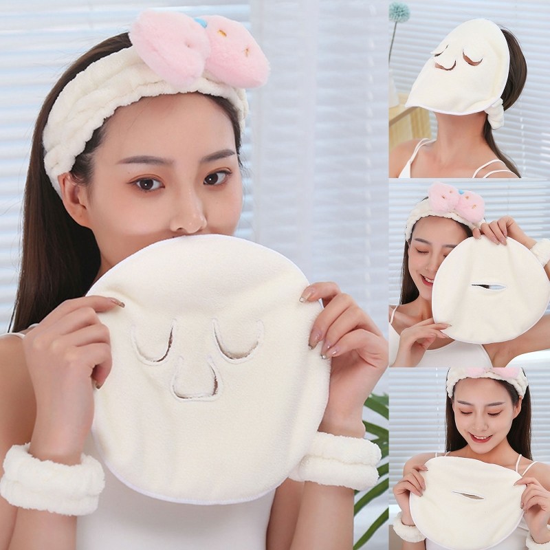 D2TA Hot Face Care Compress Face Towel Headband Wristband Coral Fleece Hair Mask Soft Toweling Hairband Bath Spa