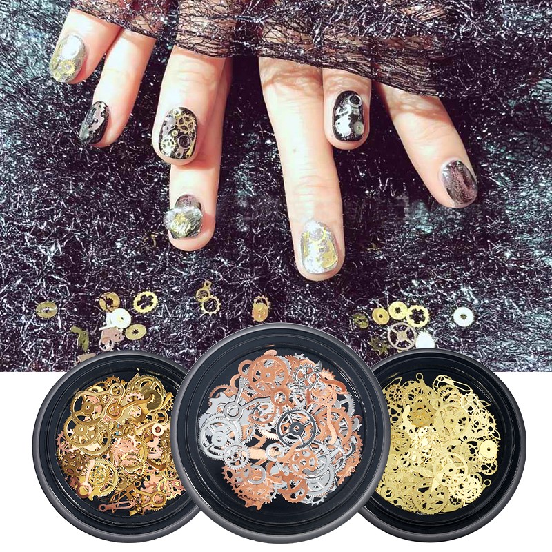 1 Box Steampunk Nail Art Miniature Ultra-thin Alloy Gear Gold Silver Patch Mixed 3D Metal Rivets DIY Nail Art Decoration Accessories