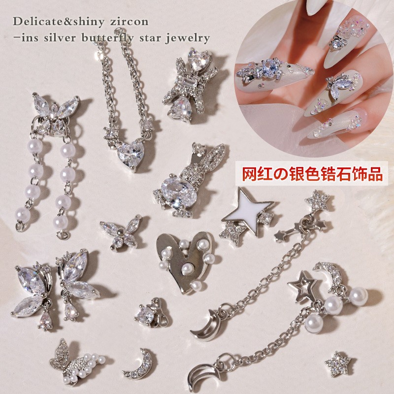 3pcs Nail Art Silver Zircon Star Moon Love Pearl Rabbit Butterfly Chain Nail Decoration