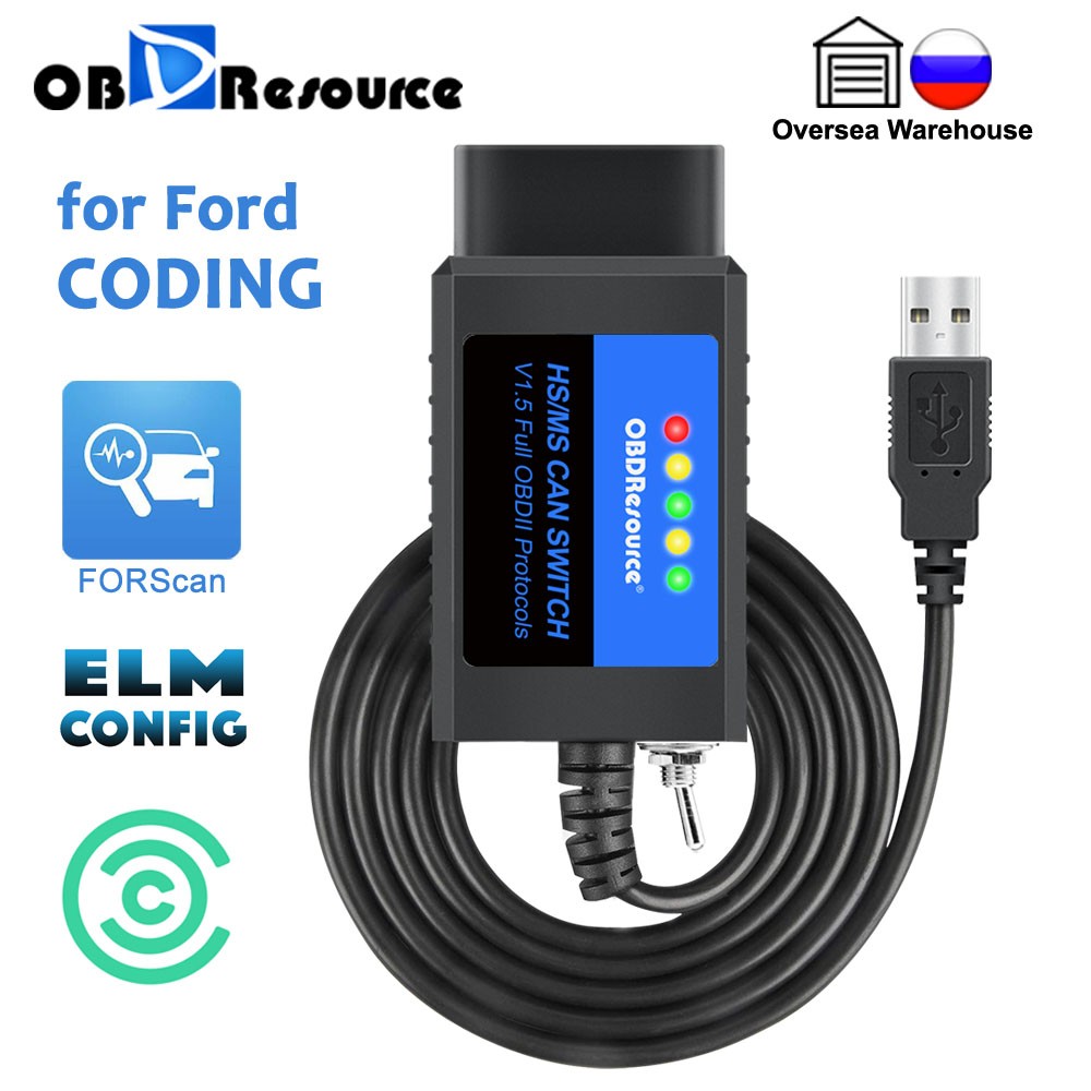 OBDResource ELM327 USB V1.5 FORScan لفورد مازدا لينكولن الزئبق الترميز ELMconfig FoCCCus HS MS يمكن التبديل F150 F250 F350 F450