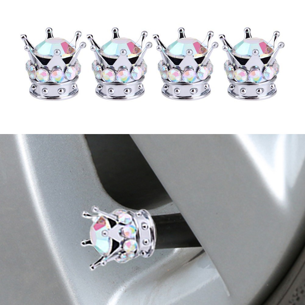 4pcs Car Wheel Air Valve Cover Tire Rhinestone Crown Pattern Brass Core Auto Truck Tire Rim Stem Dust Cover Air Universal Accessories