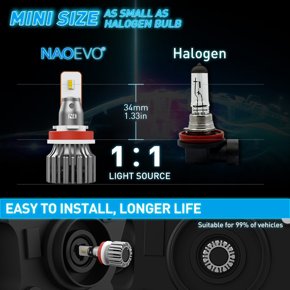 NAOEVO Headlight H7 Led Bulb 50W Fog Lights H4 Hi/Lo Beam 6000LM H11 9005 HB3 9006 HB4 6000k White 12V Car Lamps Mini