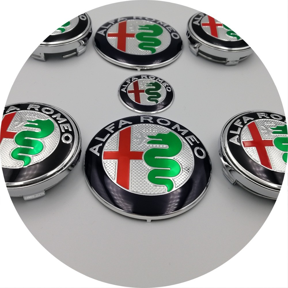 7pcs New Alfa Romeo Emblem 74mm Hood Trunk Steering Wheel Badge 60mm Center Cap Wheel Logo Brera 159 SW New Spider Giulietta