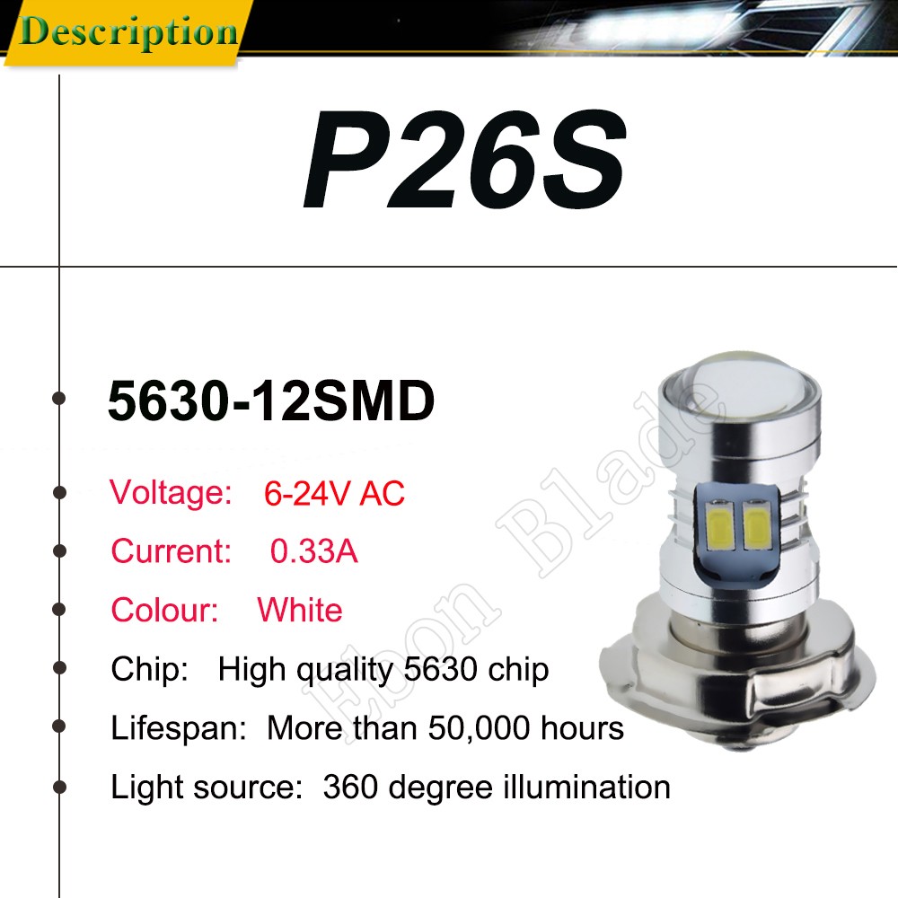 1pc P26S LED Headlight Bulb Motorcycle Headlamp Scooter Motorbike Bike ATV Head Light Bulb 6V 12V 24V White Lemon Yellow