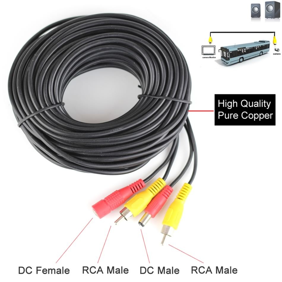 DC 12V 24V RCA AV Video Extension Cable 5 10 15 20 Meters For Car Truck Bus Parking Home CCTV Camera