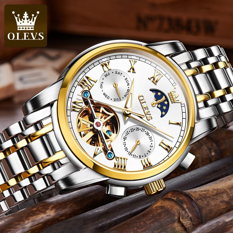 OLEVS-Men's Mechanical Watch, Classic, Water Resistant, Stainless Steel, Skeleton, Mechanical