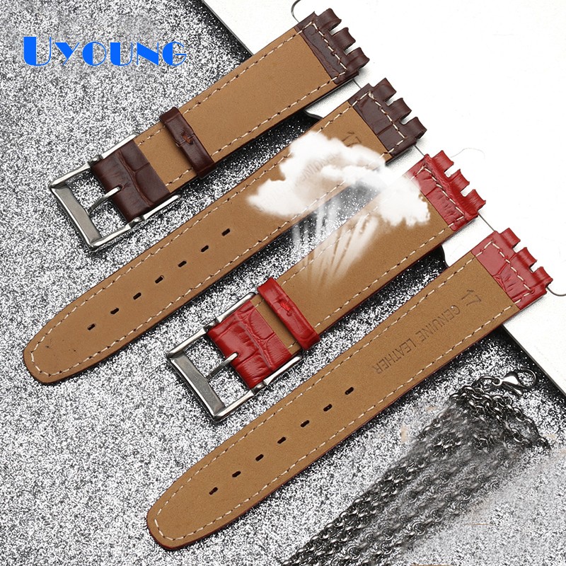 High Quality Luxury 17mm 19mm Waterproof Genuine Leather Watch Strap Band for Swatch Crocodile Pattern Leather Strap Men Blue Red