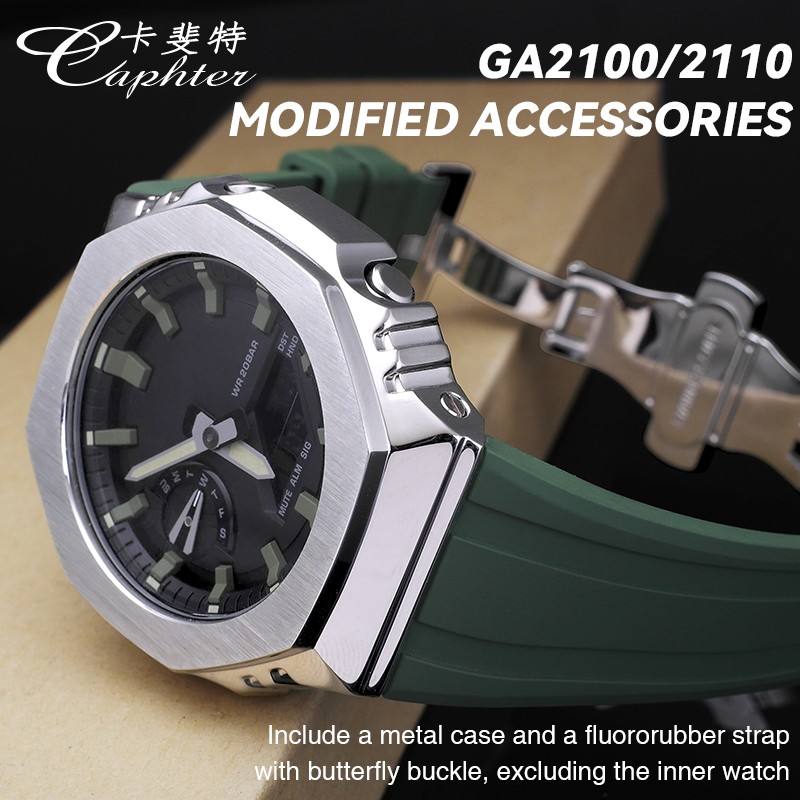 Casioak 1rd Fashion Kit for GA2100 Metal Watch Case Fluororobber Strap 316 Stainless Steel Bezel Rubber Band for GA 2100 2110