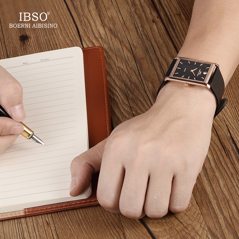 IBSO 7mm Ultra-thin Rectangle Dial Quartz Wristwatch Black Genuine Leather Strap Watch Men Business Classic Men's Quartz Watches