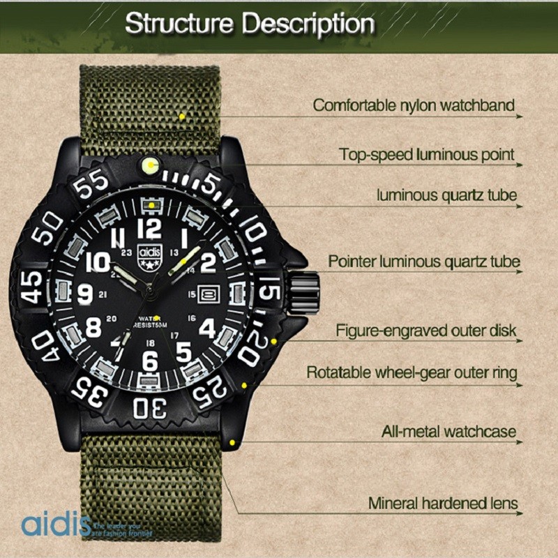 Addie الرجال الساعات العسكرية الترفيه الرياضة في الهواء الطلق ساعة مضيئة متعددة الوظائف الناتو النايلون مقاوم للماء ساعة كوارتز للرجال