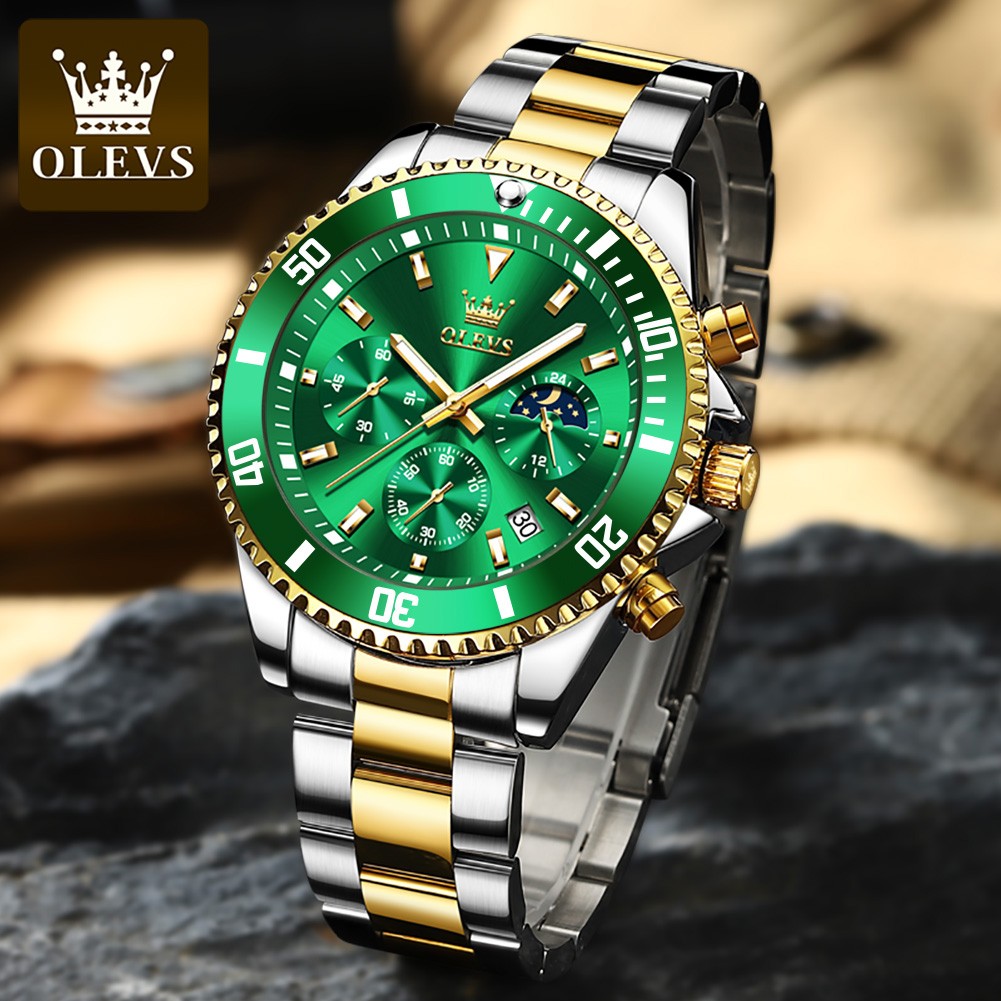 OLEVS Stainless Steel Strap Multifunction Three-eye Men's Wristwatches Quartz Waterproof Fashion Watch Men's Calendar Luminous