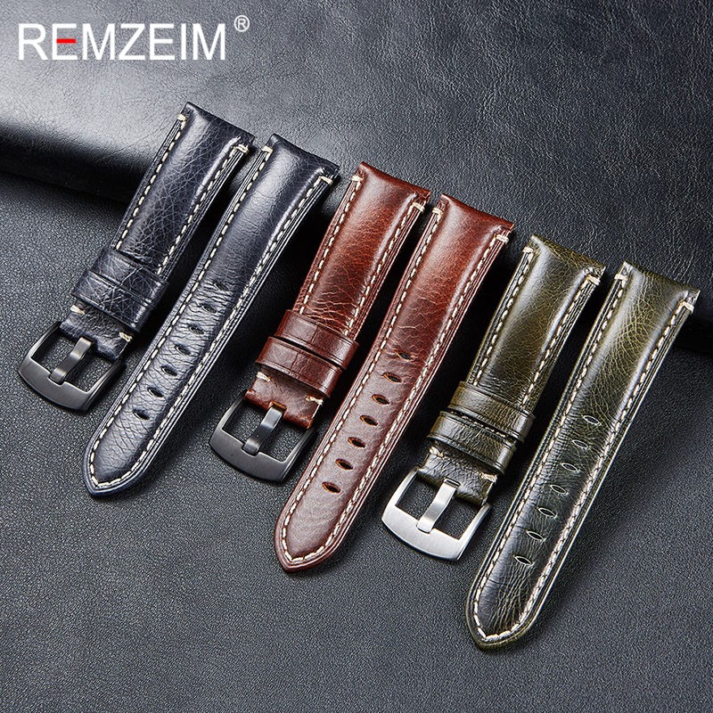 Remz Patterned - Genuine Leather Watch Strap, Brown, Green, Antique, 20, 22, 24, 26 mm, with Black and Silver Buckle