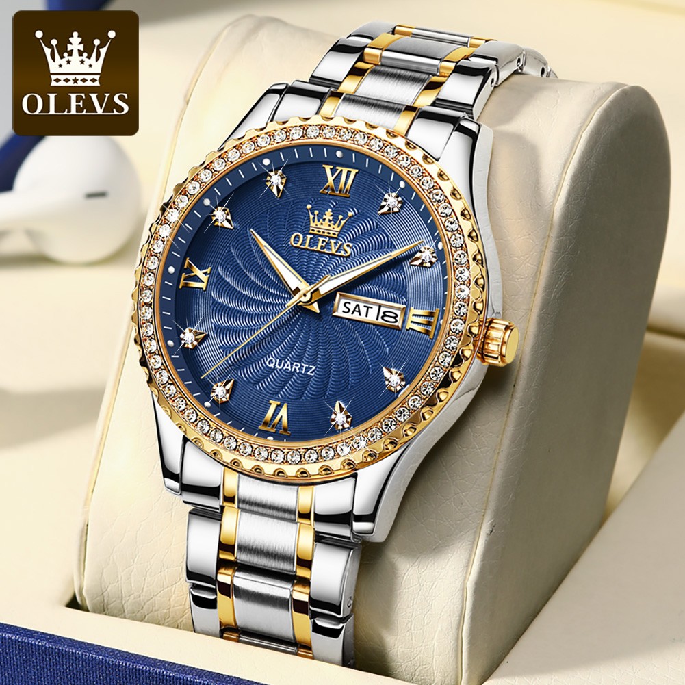 OLEVS Quartz Stainless Steel Strap Men's Wristwatches Waterproof Business Golden Diamond Inlaid Luxury Watch For Men Luminous