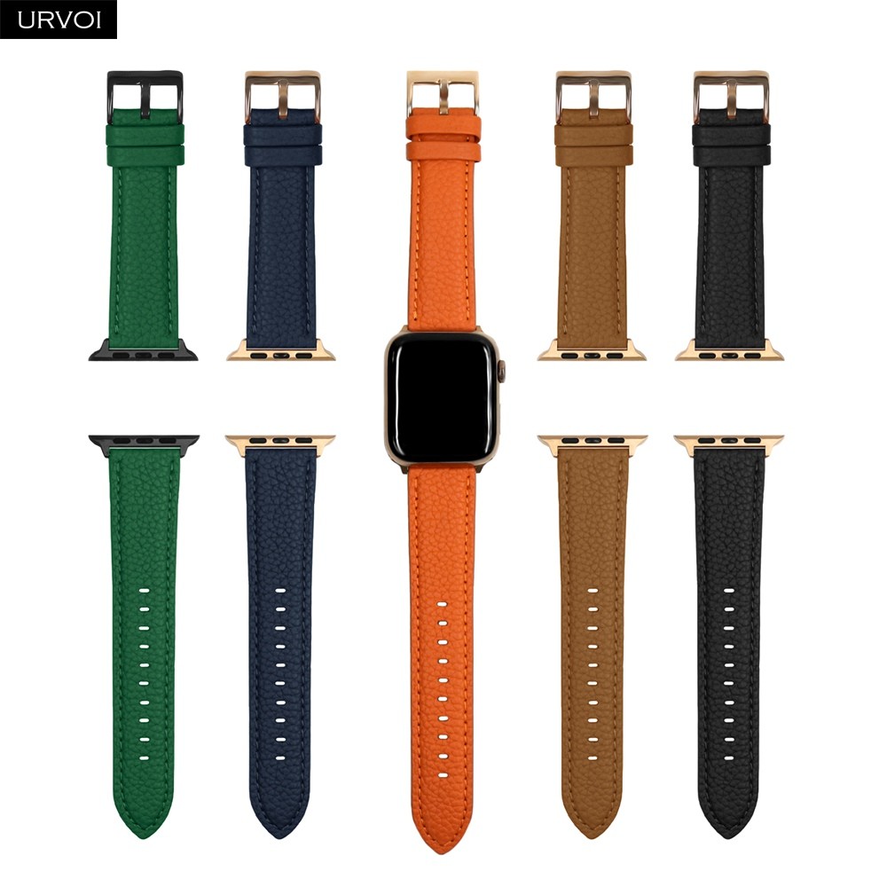 URVOI حزام ل أبل سلسلة ساعة 7 6 SE 5 4 3 2 1 حقيقية الليتشي الحبوب حلقة من جلد ل iWatch الأسود ارتفع الذهب مشبك 40 44 مللي متر