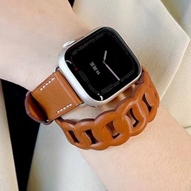 Gourmette Double Round Strap for Apple Watch Band 40mm 41mm 38mm 44mm 45mm 42mm Genuine Leather Bracelet iWatch serie 7 6 5 3 se