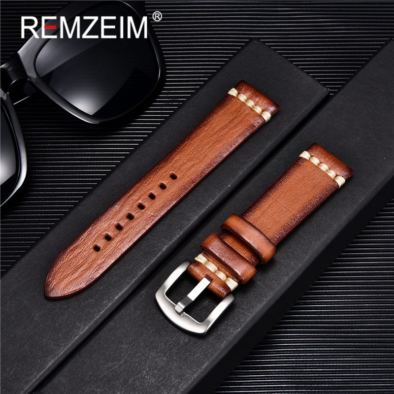 Rimzm Tanned Leather Watch Strap Antique Watch Strap 18mm 20mm 22mm 24mm Red Gray Blue High Quality Wristband Strap Accessories