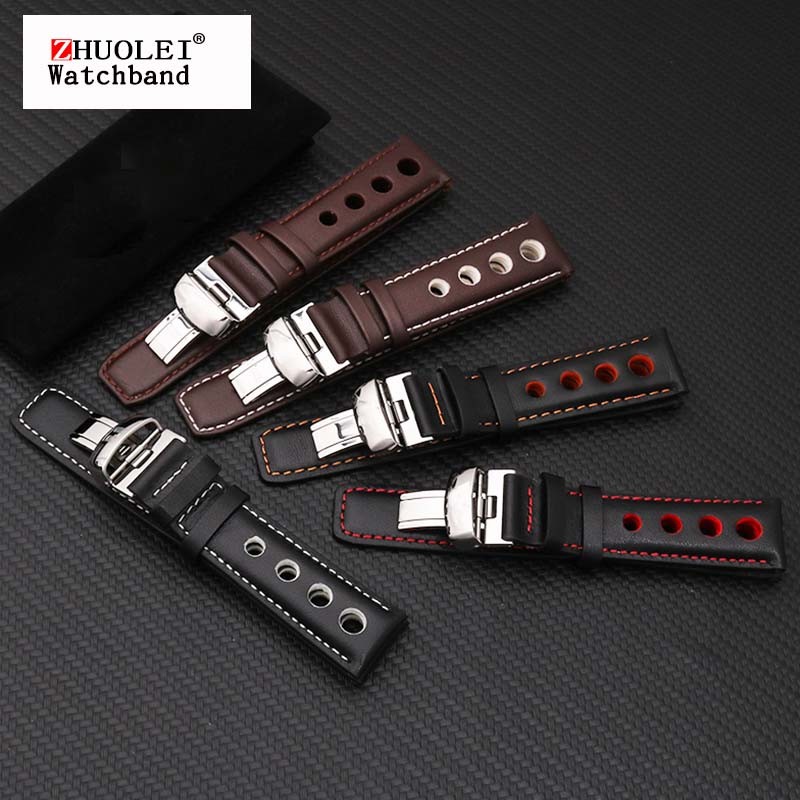 Watchband 20mm Genuine Leather Strap for PRS516 Men's Watches Band with Butterfly Clasp Black Brown Soft Cowhide Leather Strap