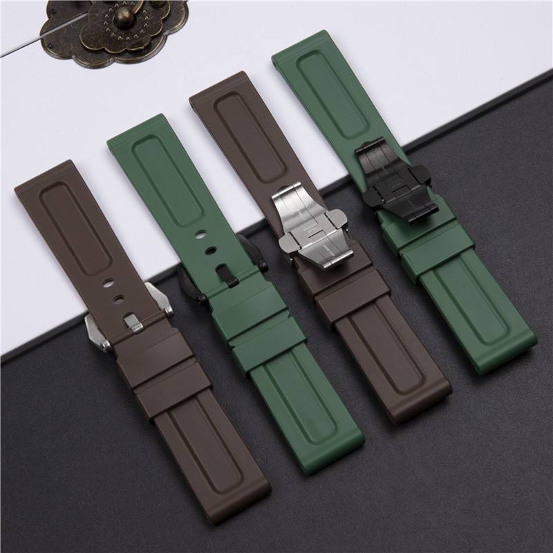 24mm Army Green Brown Silicone Rubber Watchband For Panerai Pam 111 368 389 351 441 Watch Strap Men Metal Clasp Accessories