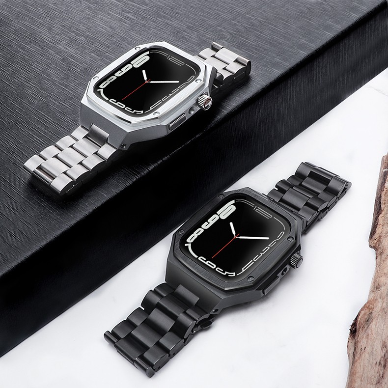 Stainless Steel Modification Kit for Apple Watch Case 4 5 6 44mm 45mm Metal Rubber Straps Style for iWatch Series 7 6 SE 5 4