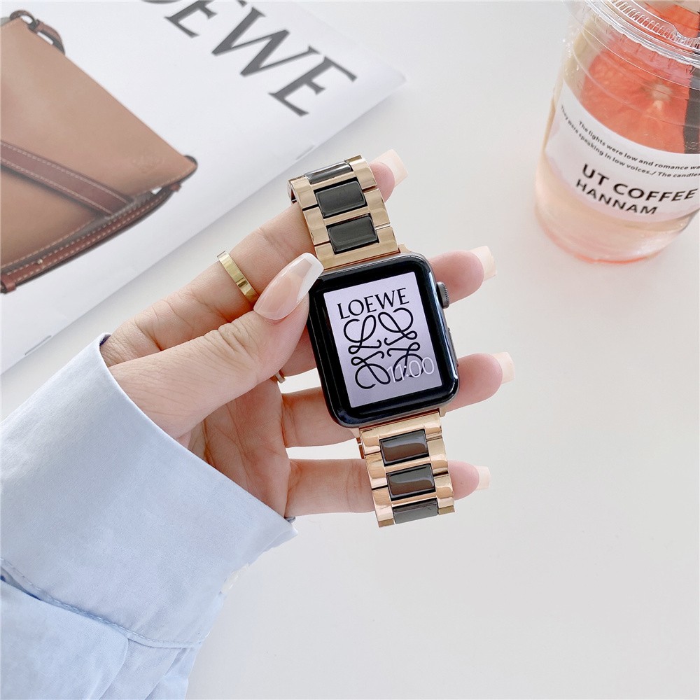 Ceramic strap for apple watch band 44mm 40mm 45mm 41mm 42mm luxury stainless steel business bracelet iwatch series se 5 4 3 6 7