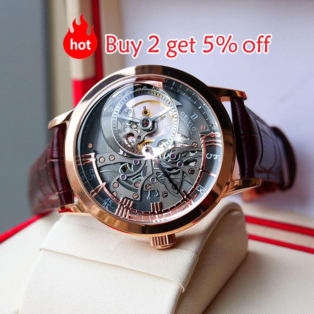 Rectangle Casual Watches Mens Skeleton Dial Calfskin Leather Band Rose Gold Watches Automatic Mens Watches Montre Homme VM