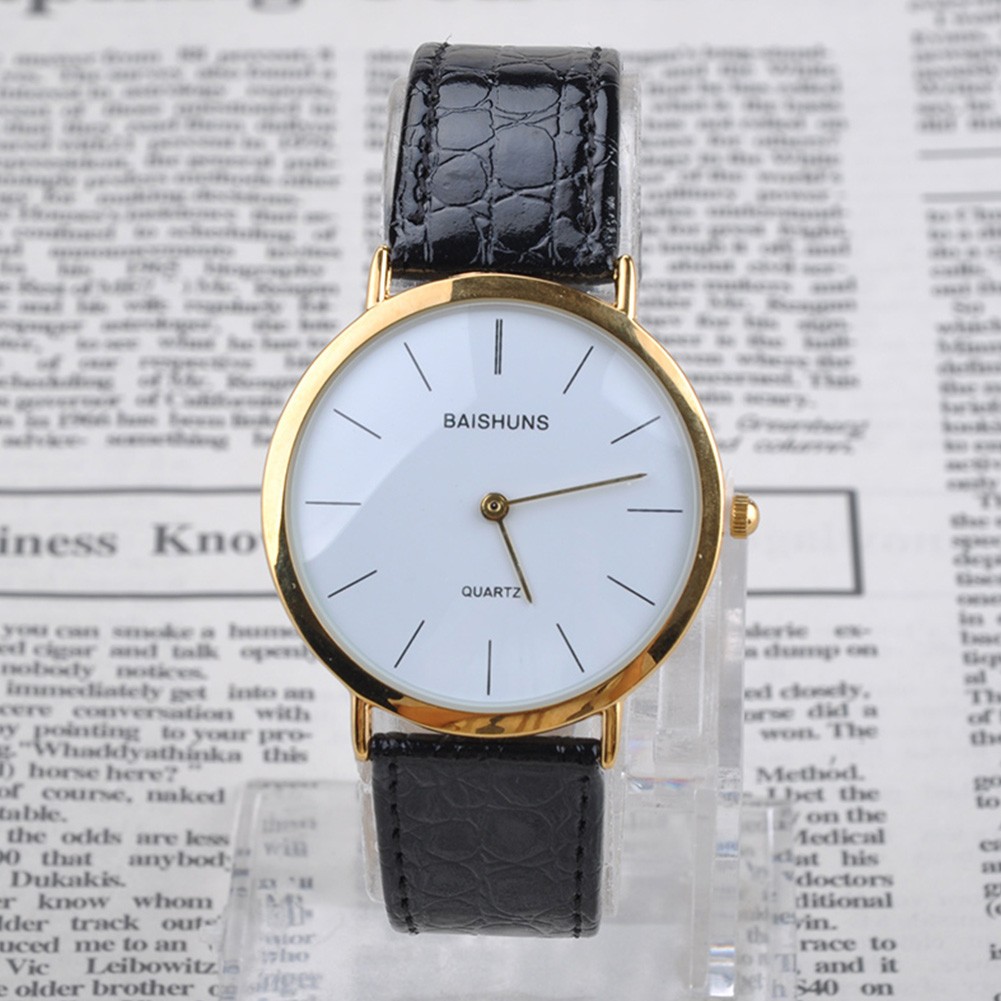 Men Gold Frame Gift Easy Read PU Leather Round Dial Portable Quartz Fashion Simple Pointer Wrist Watch