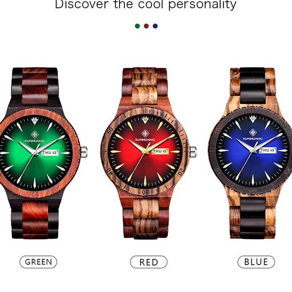 Kunhuang Men's Watch Colorful Dial Wooden Watch Week Clock Date Display Quartz Wood Wristwatch for Men Women reloj mujer