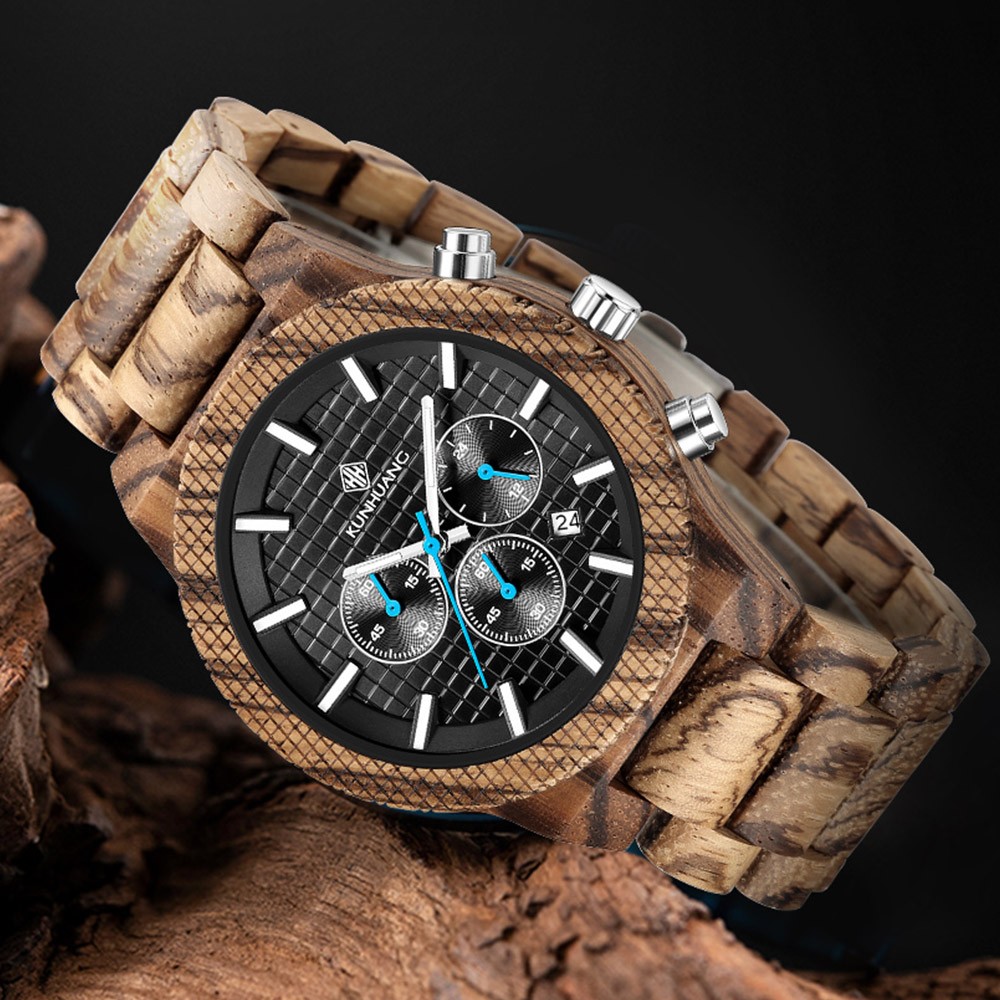 Kunhuang Luxury Elegant Men Wood Watch Military Chronograph Watches Quartz Relogio Masculino Custom Dropshipping