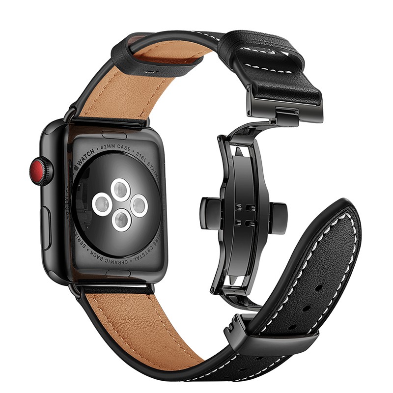 Butterfly Clasp Strap for Apple Watch Band 45mm 41mm 44mm 40mm 42mm 38mm Genuine Leather Korea Bracelet iWatch 4 5 6 se 7 band