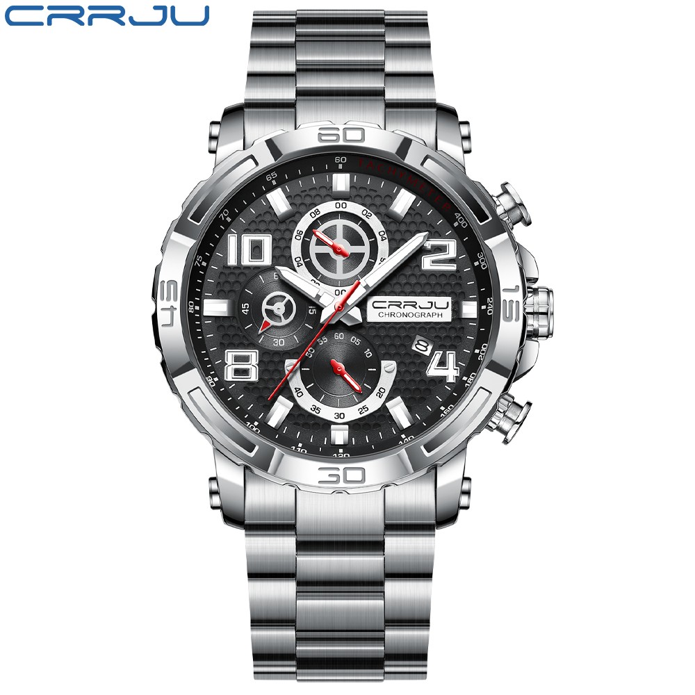 CRRJU Men's Watches Large Dial Waterproof Stainless Steel With Luminous Hands Date Sports Chronograph Watches Relogio Masculino