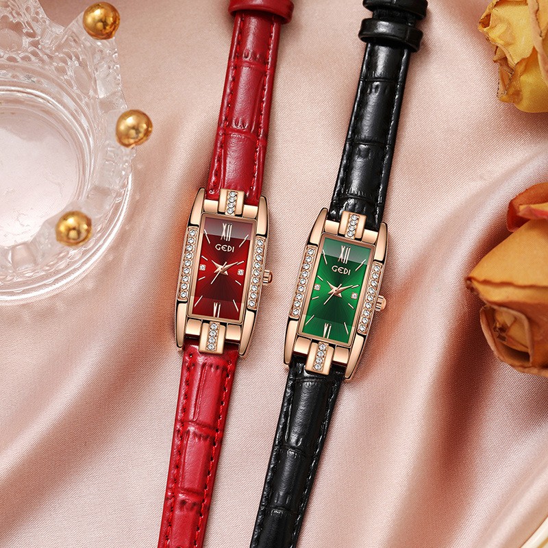 Luxury Fashion Women Watches Gift for Lady Red Leather Strap Simple Watch Case Rhinestone Rectangle Dial Clock Reloj De Mujer