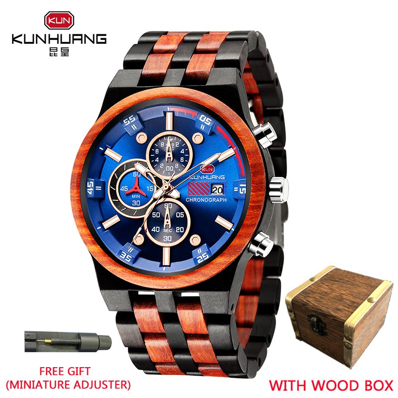 Kunhuang Wooden Mens Watch Luxury Elegant Wood Watches Chronograph Zebra Wood Quartz Watches in Wooden Gift Box reloj de hombre