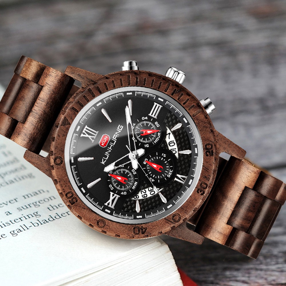 kunhuang wooden watch men erkek kol saati luxury stylish wood watches chronograph military quartz watches in wooden gift box