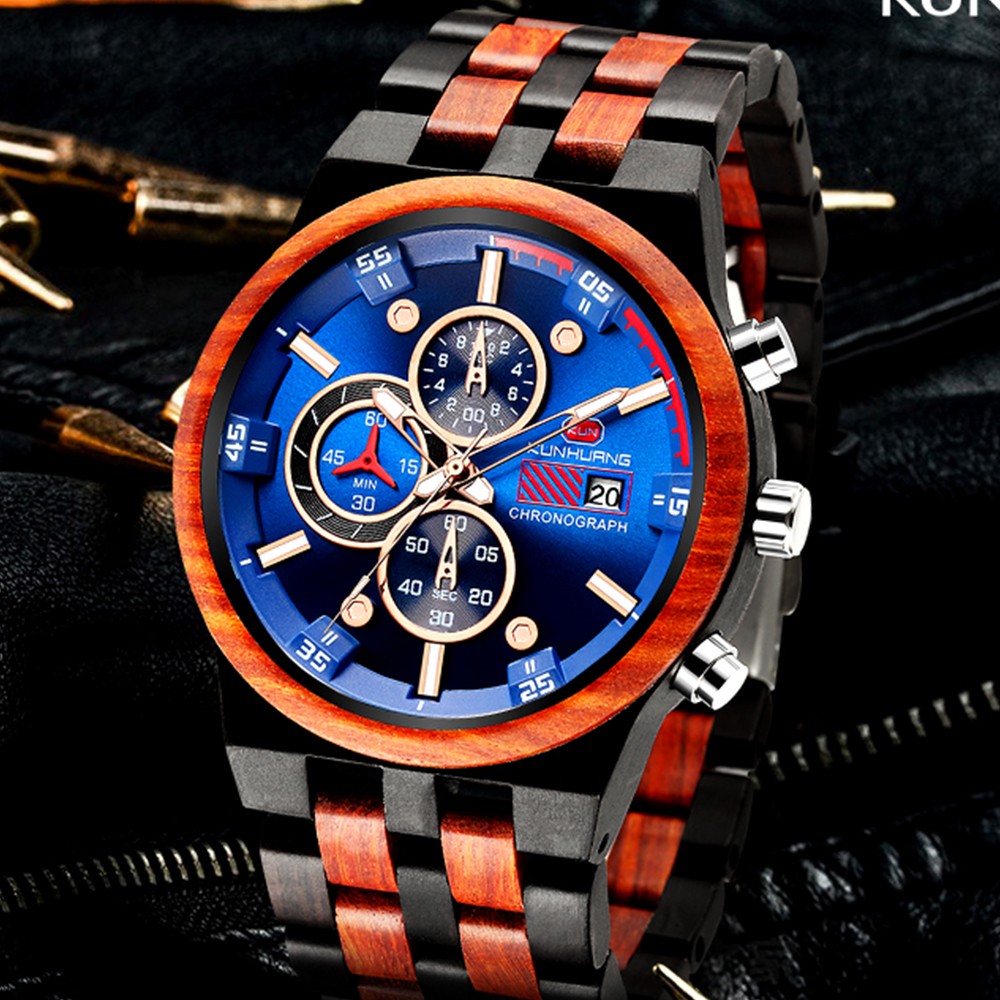 Reloj hombre KUNHUANG جديد ساعة خشبية الرجال العلامة التجارية الفاخرة كرونوغراف العسكرية ساعات كوارتز للرجل دروبشيبينغ مخصصة