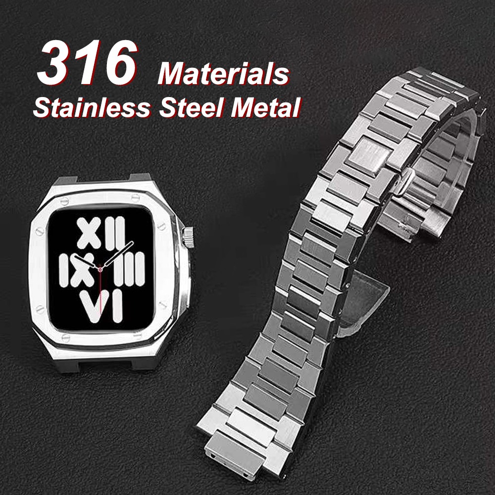 Luxury Stainless Steel for Apple Watch Band 7 41 44 45mm Noble Metal Set Rubber Strap for iWatch Series SE 6543 Modification Kit