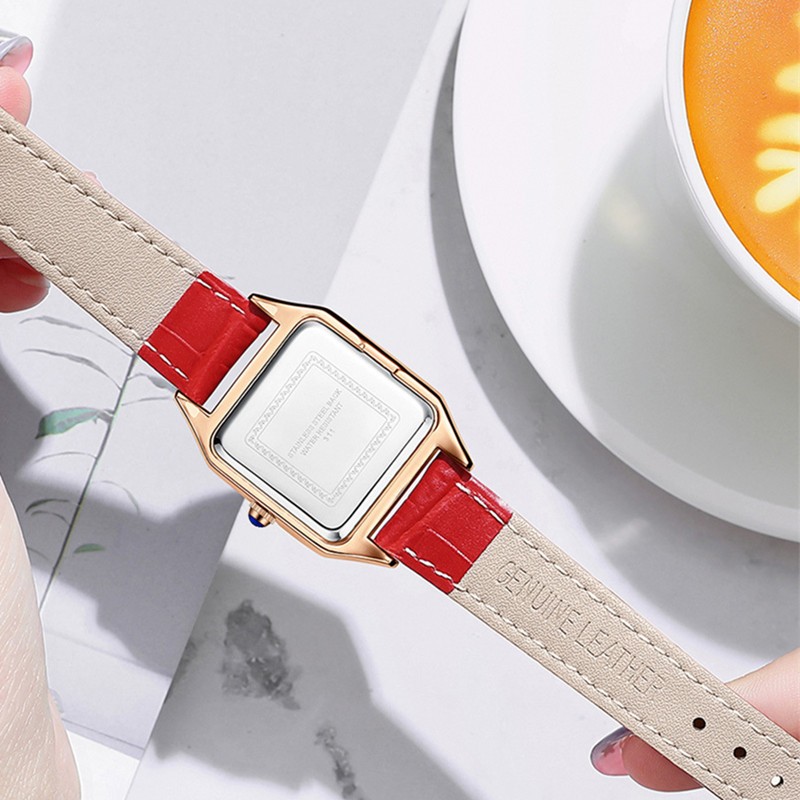 Women Quartz Rose Gold Square Black Green Red Purple Leather Straps Luxury Fashion Watch