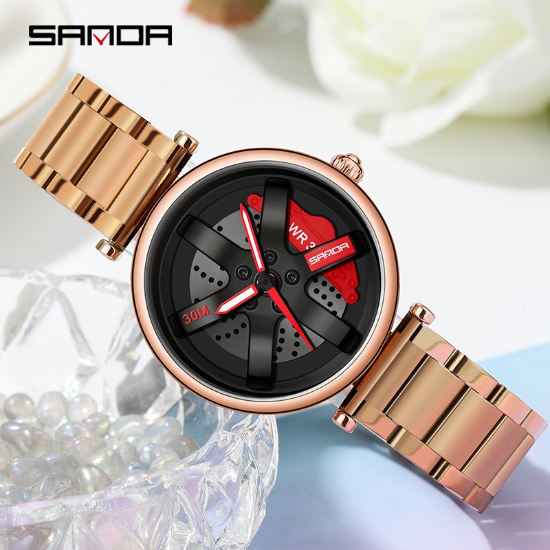 SANDA New Fashion Rotate Wheel Pattern Women's Watch Stainless Steel Waterproof Quartz Watch for Women Luxury Relogio Feminino