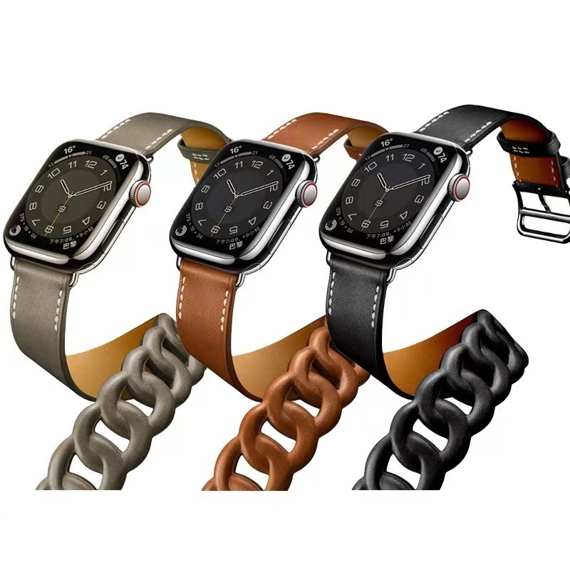 Leather Strap for Apple Watch Band 7 45mm 41mm Double Loop Circle Bracelet Wristband for iWatch 7 6 5 4 3 SE 44mm 42mm 40mm 38mm