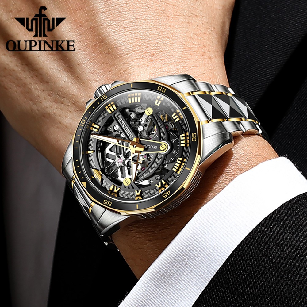 OUPINKE watch for men luxury brand men mechanical wristwatches skeleton design automatic watches sapphire glass watch 3178