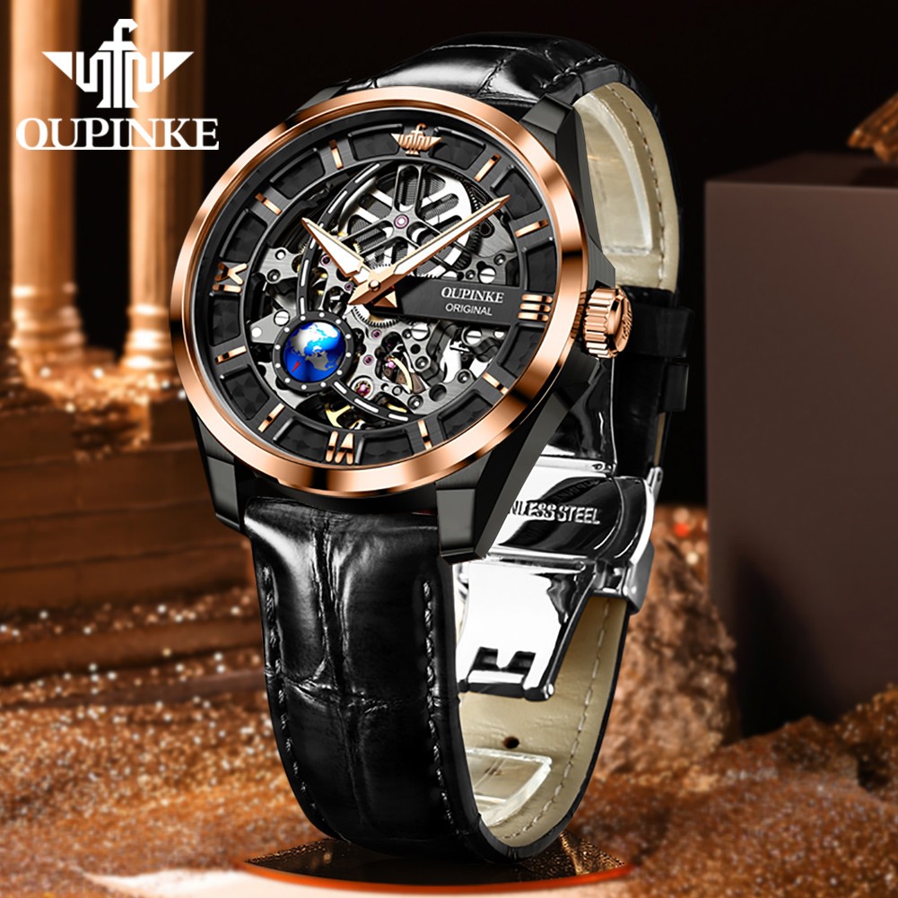 OUPINKE Watch Men Skeleton Design Automatic Watch 50M Waterproof Sapphire Leather Strap Men Mechanical Wristwatches 3268