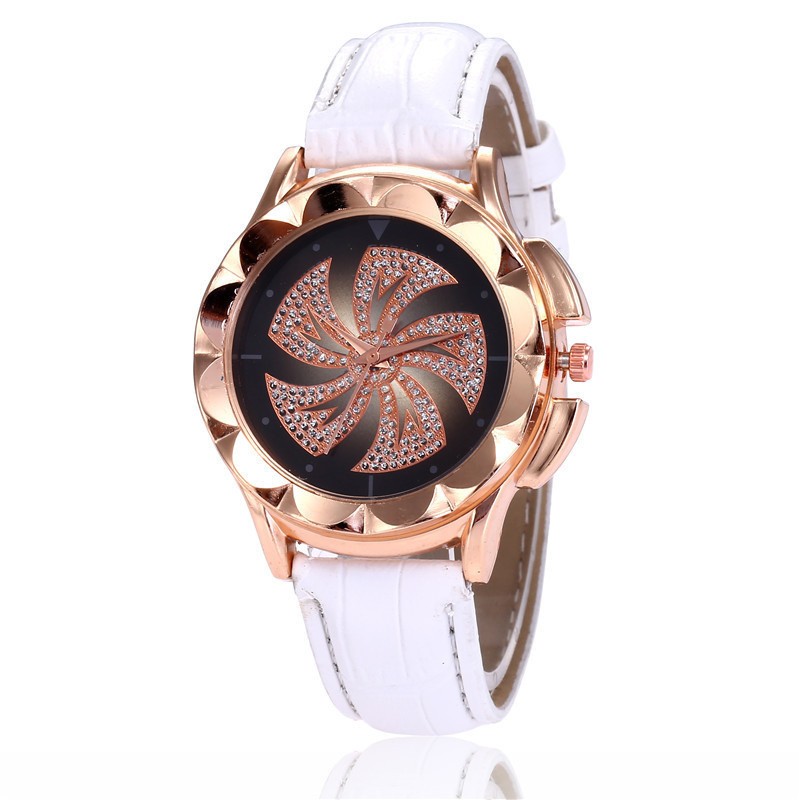 Popular windmill diamond inlaid women's quartz watch leisure bamboo style leather strap