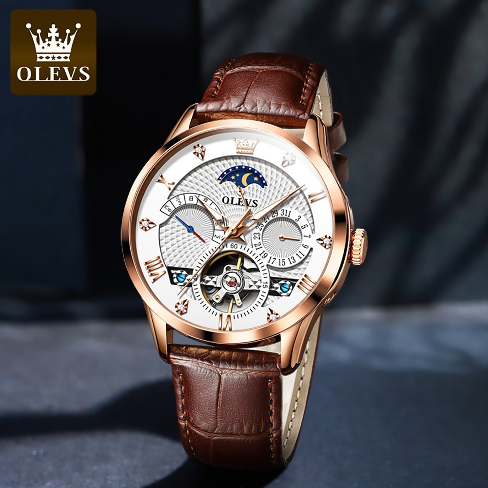 OLEVS New Luxury Men Automatic Mechanical Watch Waterproof Luminous Hollow Watches for Men Leather Strap Moon Phase Calendar