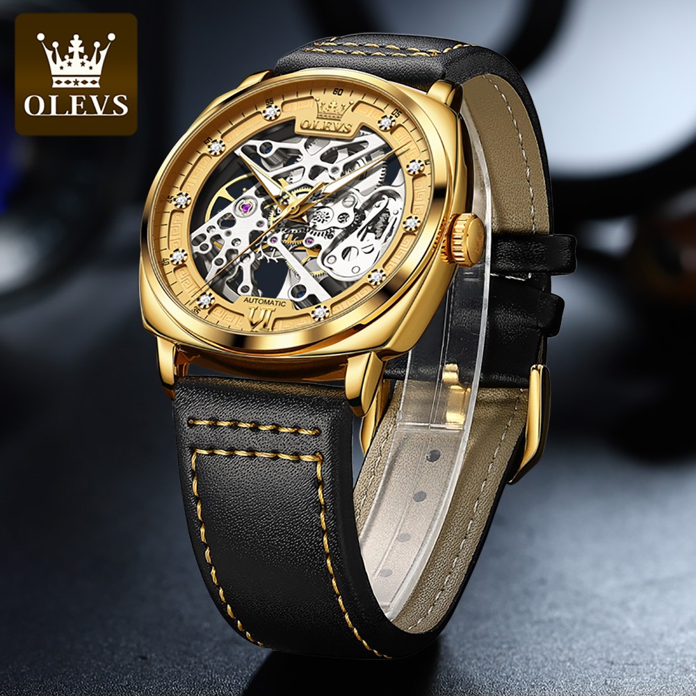 OLEVS Watch for Men Luxury Brand Diamond Automatic Mechanical Wristwatches Skeleton Design Waterproof Leather Men's Watches