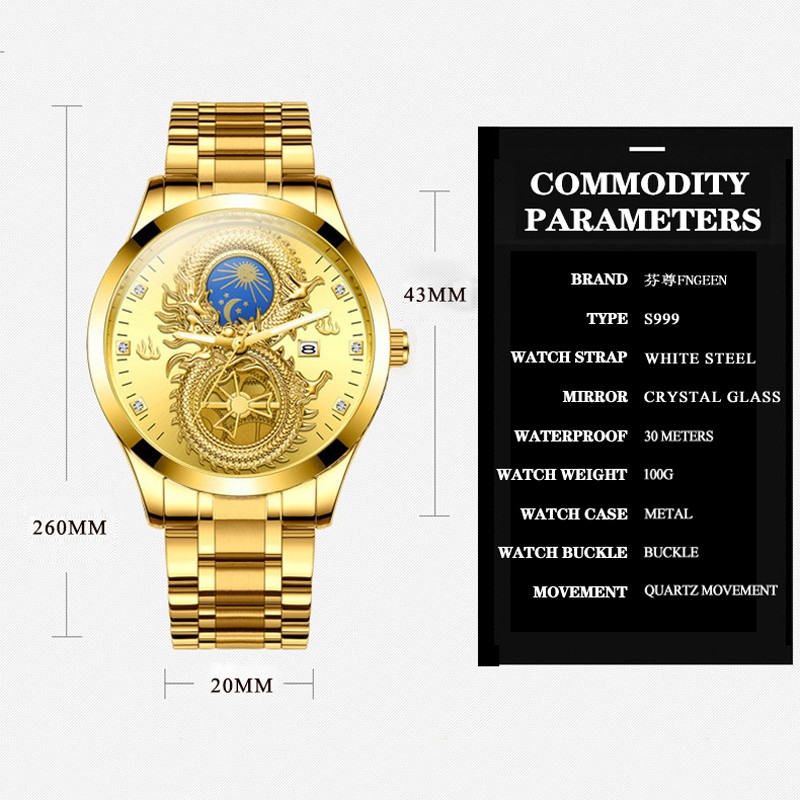 FNGEEN رجالي ساعات العلامة التجارية الفاخرة الصينية التنين الذهبي ساعة كوارتز الماس الهاتفي ساعة من الفولاذ المقاوم للصدأ الذكور Relogio Masculin
