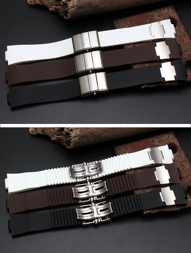 Carliot 25mm x 12mm (20mm Buckle) Black Brown White Silicone Rubber Watch Band Strap Silver Buckle Lock for Ulysse Nardin